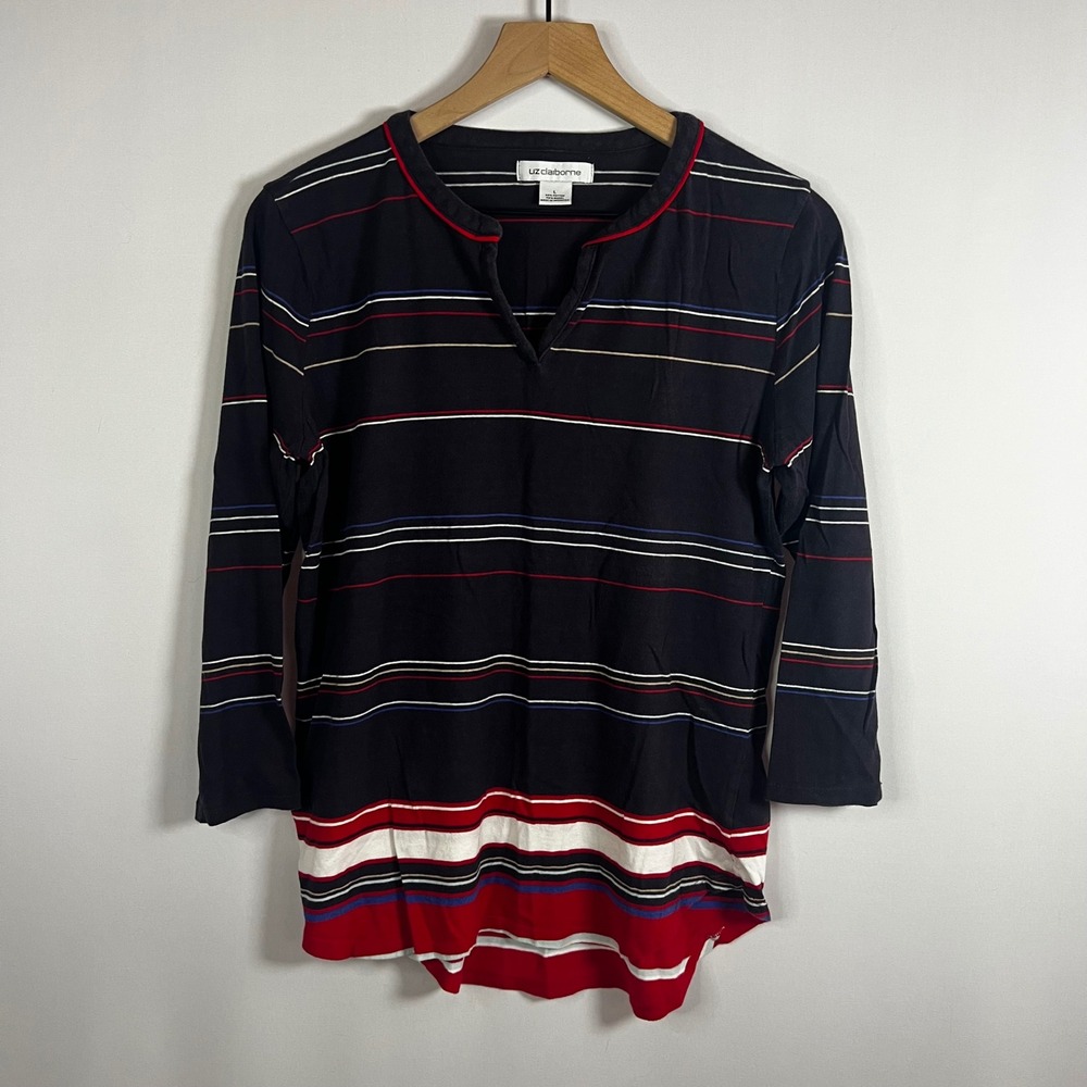 Vintage Liz Claiborne Top Women Large Navy Blue Striped V-Neck 3/4 Sleeve Blouse